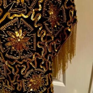 CLEARANCE Tan Chho Pure Silk Black and Gold Sequined Beaded Flapper Dress XL